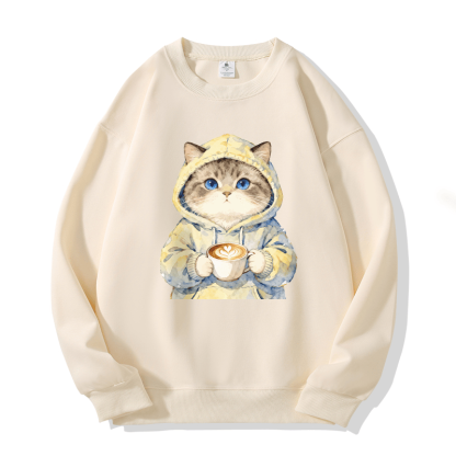 Kapuzenpullover mit Katze und Kaffeegrafik, Rundhalsausschnitt - Beige - 5XL - image 2