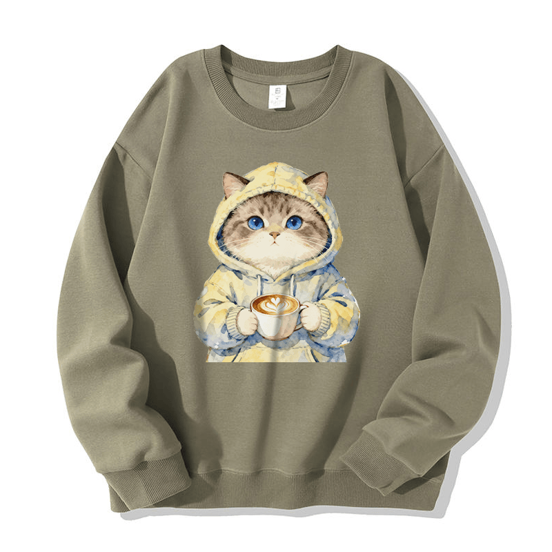 Kapuzenpullover mit Katze und Kaffeegrafik, Rundhalsausschnitt - Light Khaki - 5XL - image 1