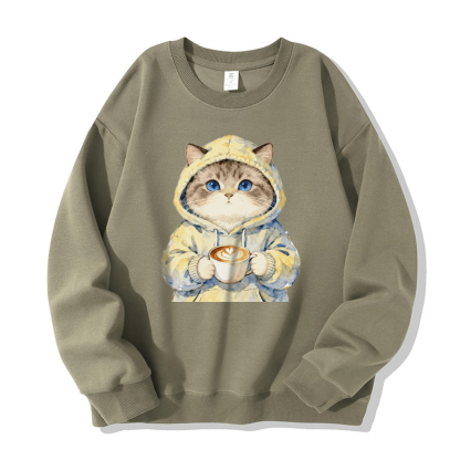Kapuzenpullover mit Katze und Kaffeegrafik, Rundhalsausschnitt - Light Khaki - 5XL - image 1