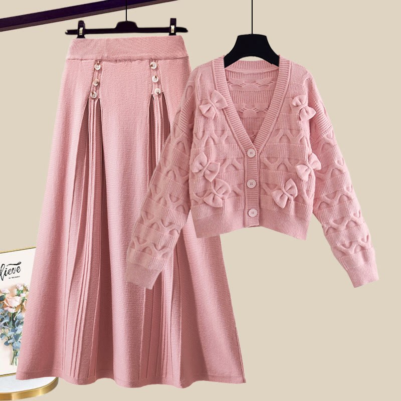 Strickjacke mit Schleife, passender Pullover und Rock - Set A - XL - image 1