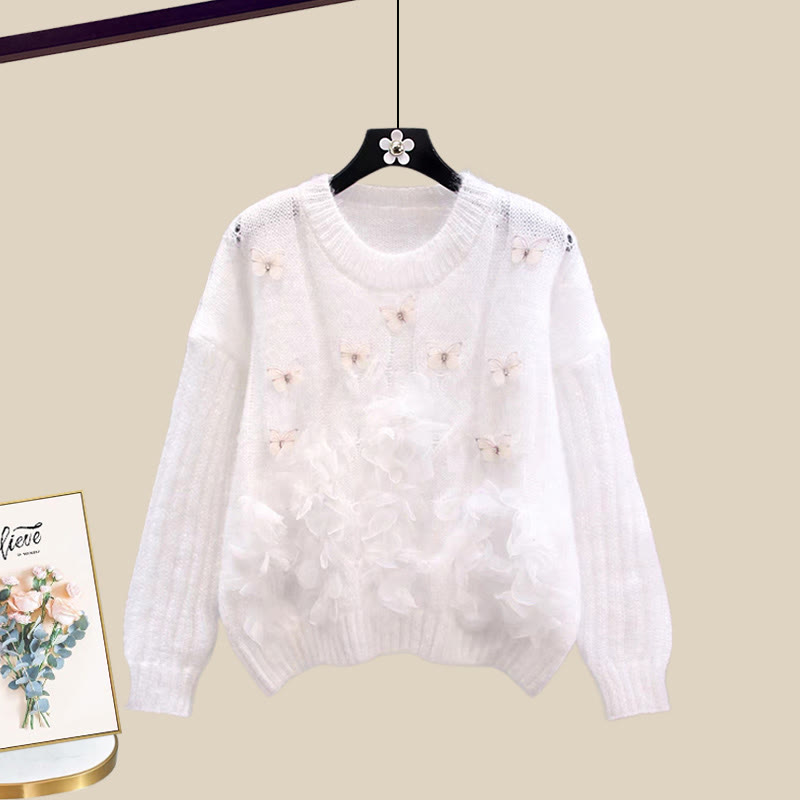3D-Blumenstrickpullover und passender Farbverlaufrock – Outfit - White Sweater - XL - image 7