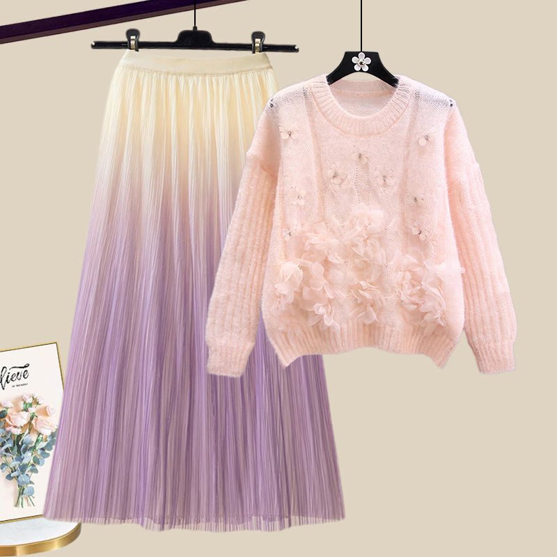 3D-Blumenstrickpullover und passender Farbverlaufrock – Outfit - Set B - XL - image 2