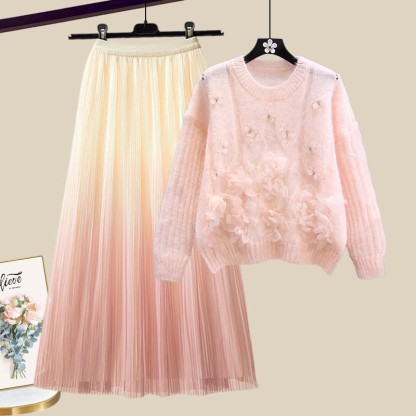 3D-Blumenstrickpullover und passender Farbverlaufrock – Outfit - Set A - XL - image 1