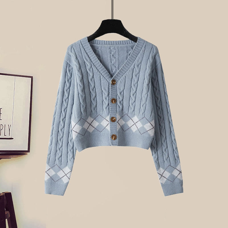 Strickjacke, Gürtel, Karorock, passendes Outfit - Blue Cardigan - XL - image 6