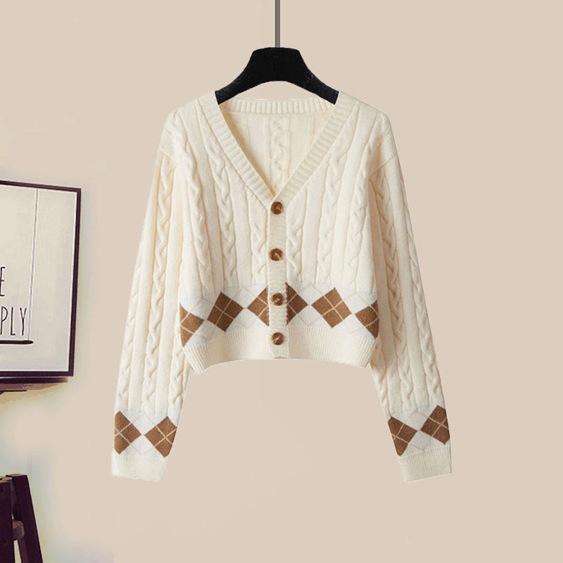 Strickjacke, Gürtel, Karorock, passendes Outfit - Beige Cardigan - XL - image 5