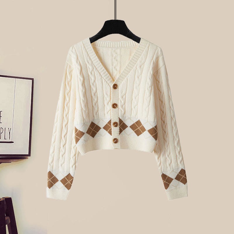 Strickjacke, Gürtel, Karorock, passendes Outfit - Beige Cardigan - XL - image 5