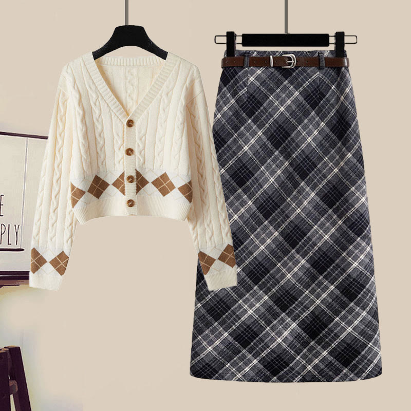 Strickjacke, Gürtel, Karorock, passendes Outfit - Set B - XL - image 2