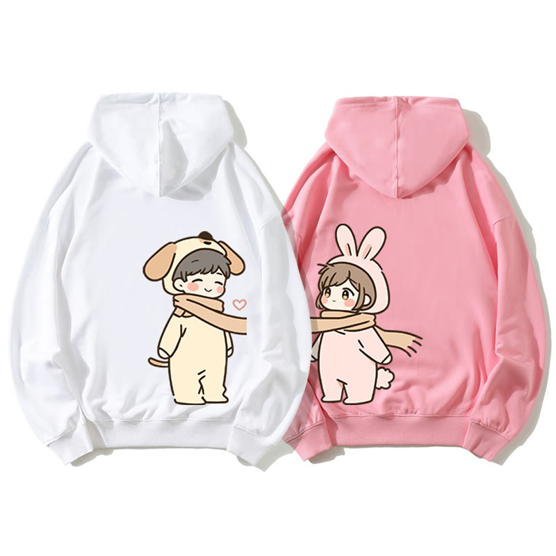 Niedlicher Cartoon Junge und Mädchen Grafik Paar Passender Hoodie - image 1