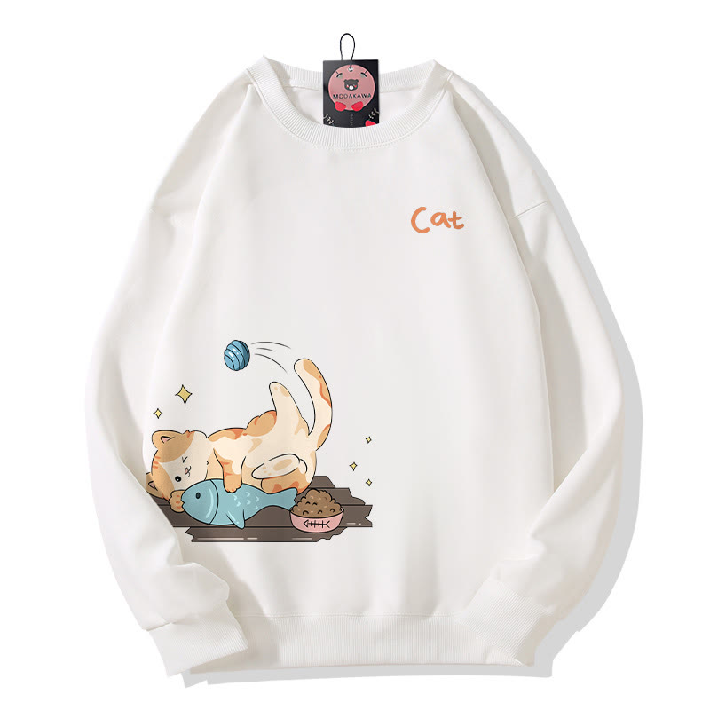 Sweatshirt mit verspieltem Katzenmotiv und Rundhalsausschnitt - White - 5XL - image 1