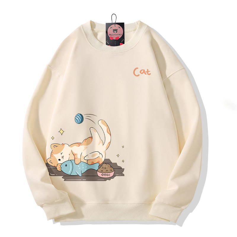 Sweatshirt mit verspieltem Katzenmotiv und Rundhalsausschnitt - Beige - 5XL - image 2