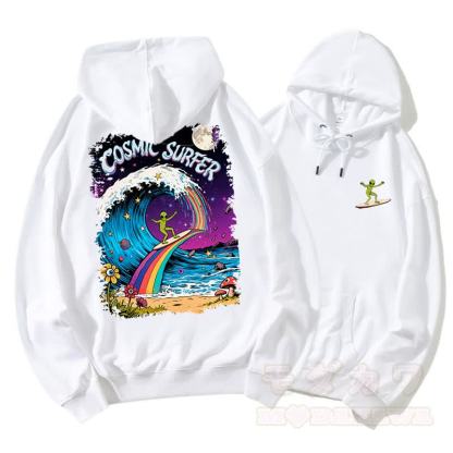 COSMIC SURFER Alien Surfing On Rainbow Wave Graphic Paar Passender Hoodie - Weiß - 5XL - image 2