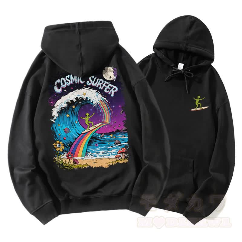 COSMIC SURFER Alien Surfing On Rainbow Wave Graphic Paar Passender Hoodie - Schwarz - 5XL - image 1