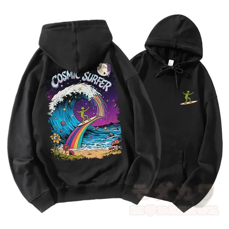 COSMIC SURFER Alien Surfing On Rainbow Wave Graphic Paar Passender Hoodie - Schwarz - 5XL - image 1