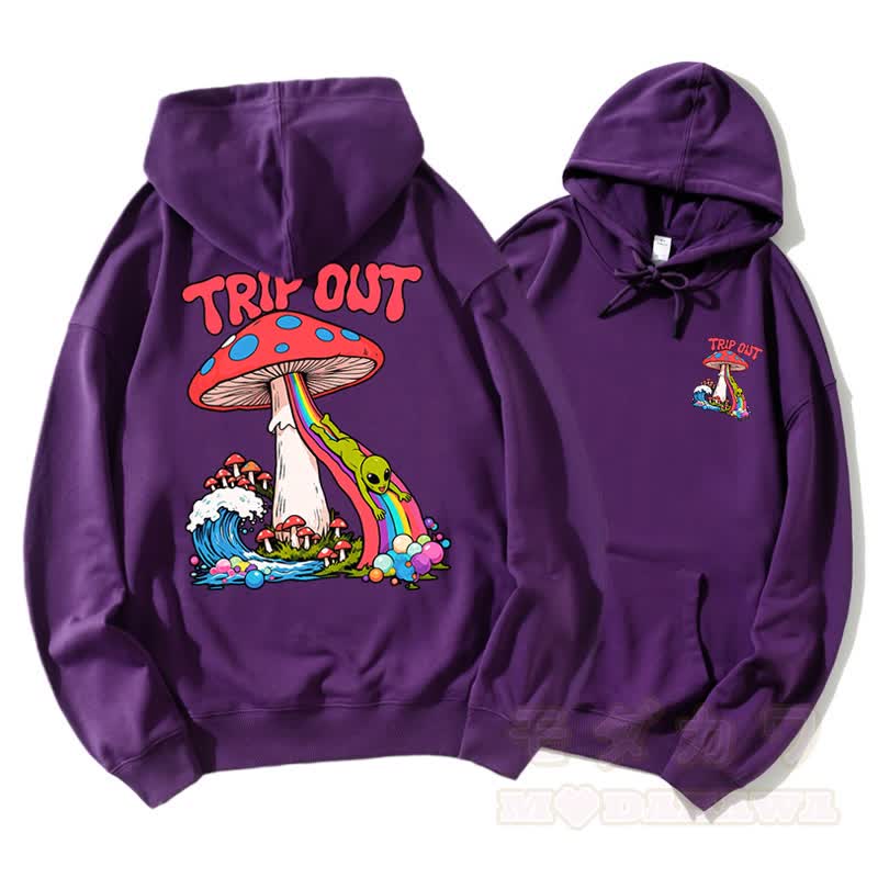 TRIP OUT Alien Sliding Down Regenbogen Pilz Grafik Paar Passender Hoodie - Dunkelviolett - 5XL - image 1