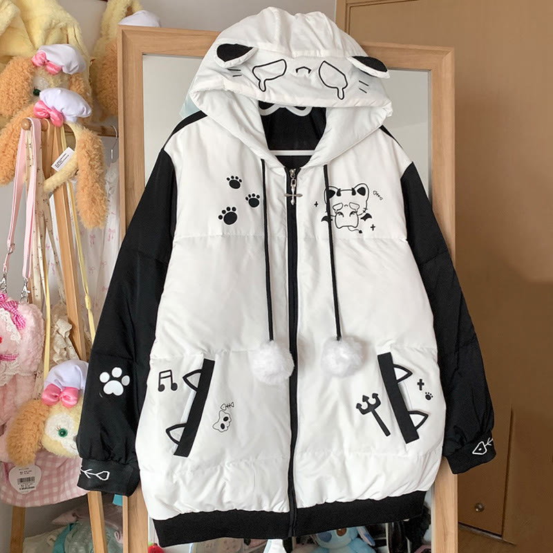 Pufferjacke mit Kapuze und Katzenohren - Weiß&Schwarz - 2XL - image 2
