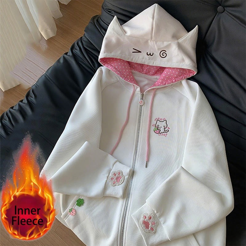Kapuzenjacke mit Reißverschluss und Katzenohren-Stickerei - Weißes Innenvlies - 2XL - image 2