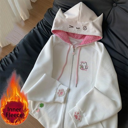Kapuzenjacke mit Reißverschluss und Katzenohren-Stickerei - Weißes Innenvlies - 2XL - image 2
