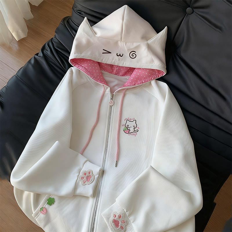 Kapuzenjacke mit Reißverschluss und Katzenohren-Stickerei - Weiß - 2XL - image 1