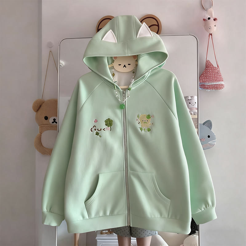 Kapuzenpullover mit Reißverschluss und vierblättrigem Kleeblatt und Bärenstickerei - Grün - 2XL - image 2