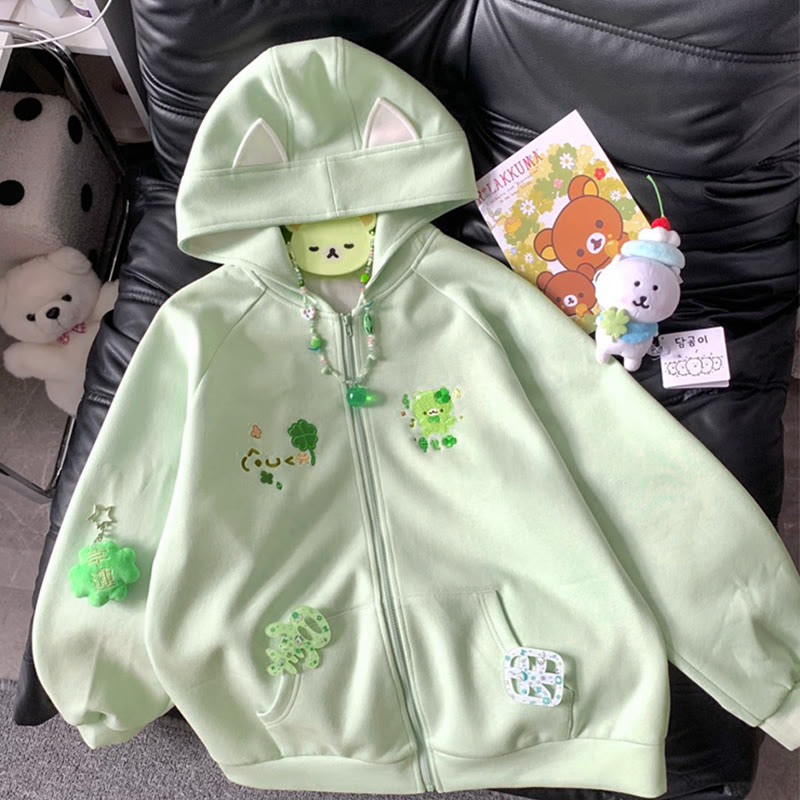 Kapuzenpullover mit Reißverschluss und vierblättrigem Kleeblatt und Bärenstickerei - image 1