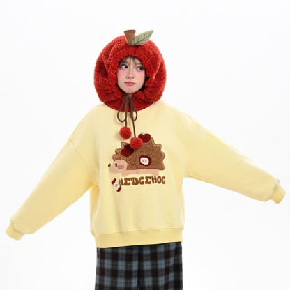 Kapuzenpullover aus Chenille mit Igel-Stickerei und apfelförmiger Kapuze - Gelb - XL - image 2