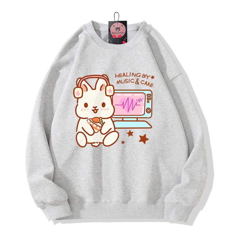 HEILUNG DURCH MUSIK KUCHEN Musik hören Hasen-Grafik Rundhals-Sweatshirt - Grey - 5XL - image 2