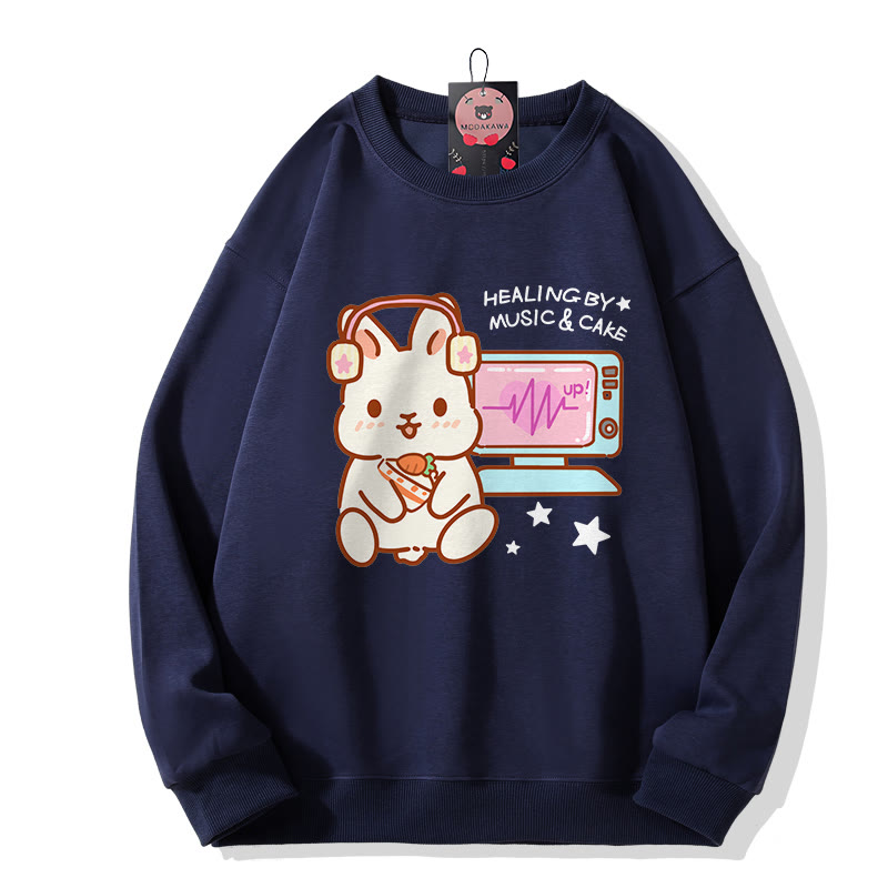 HEILUNG DURCH MUSIK KUCHEN Musik hören Hasen-Grafik Rundhals-Sweatshirt - Purplish Blue - 5XL - image 1