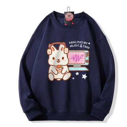 HEILUNG DURCH MUSIK KUCHEN Musik hören Hasen-Grafik Rundhals-Sweatshirt - Purplish Blue - 5XL - image 1