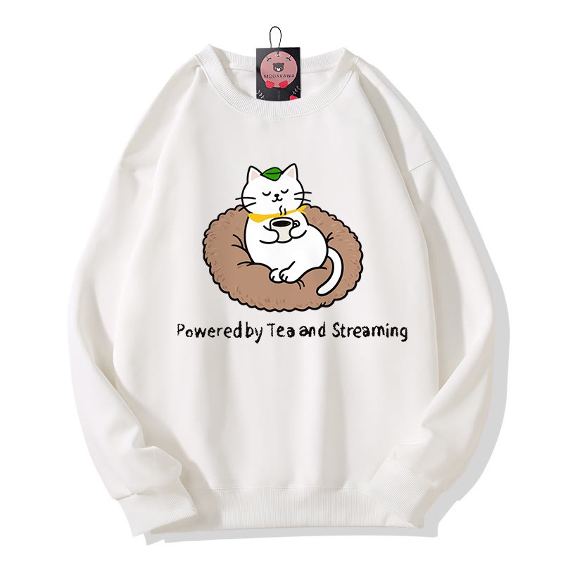 POWERED BY TEA AND STREAMING Kitty Graphic Round Collar Sweatshirt - White - 5XL - image 4