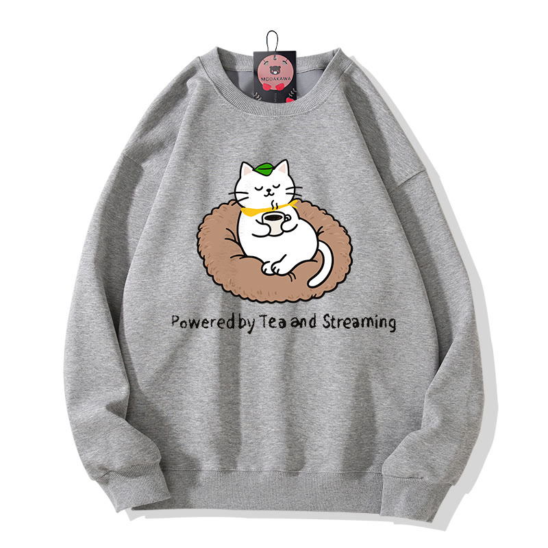 POWERED BY TEA AND STREAMING Kitty Graphic Round Collar Sweatshirt - Grey - 5XL - image 2