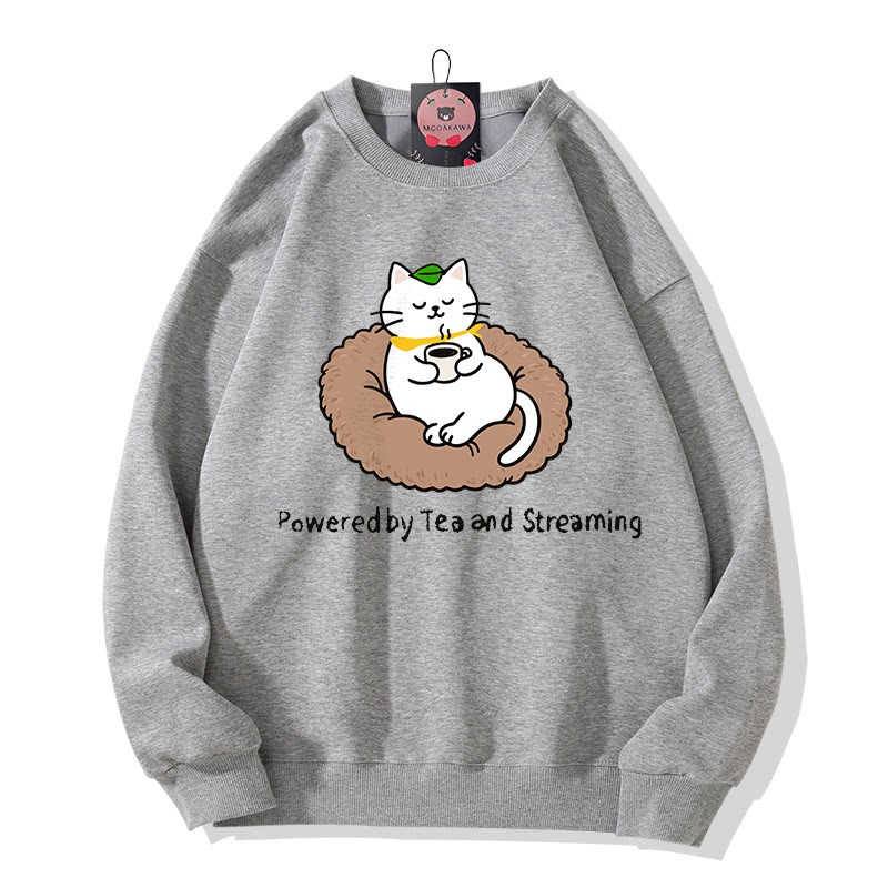 POWERED BY TEA AND STREAMING Kitty Graphic Round Collar Sweatshirt - Grey - 5XL - image 2