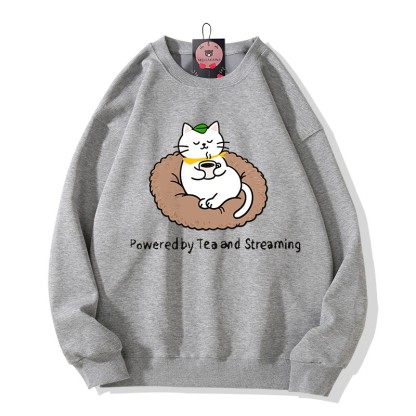 POWERED BY TEA AND STREAMING Kitty Graphic Round Collar Sweatshirt - Grey - 5XL - image 2