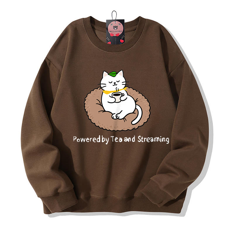 POWERED BY TEA AND STREAMING Kitty Graphic Round Collar Sweatshirt - Brown - 5XL - image 1