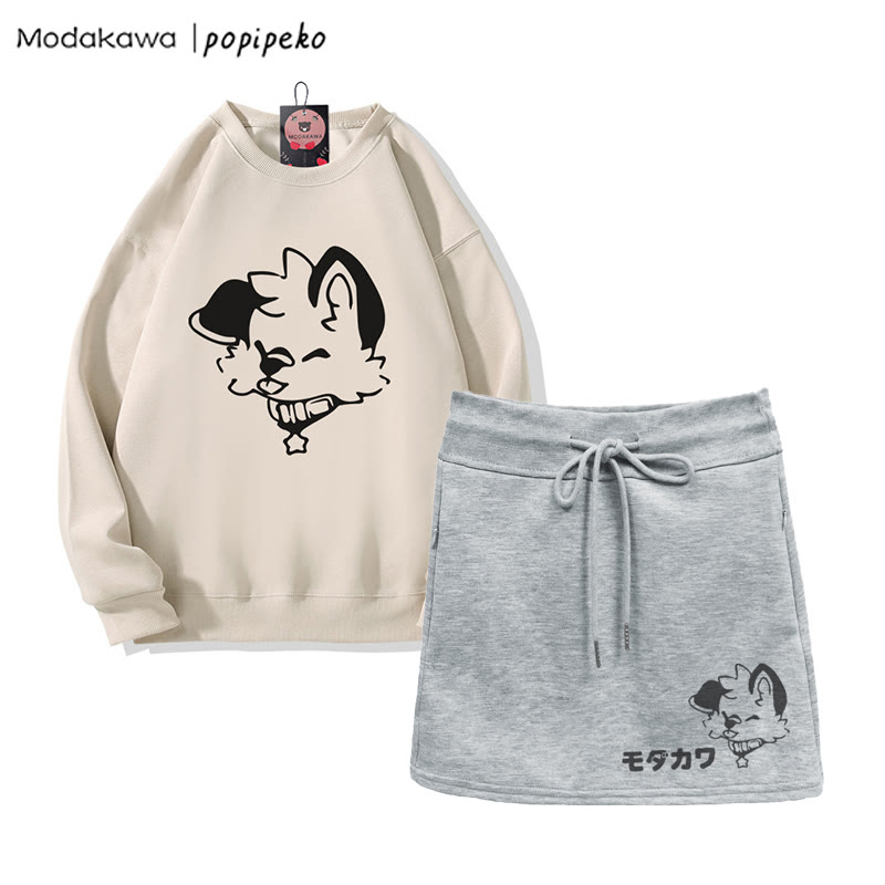 MODAKAWA X popipeko Sweatshirt mit Zungen-Welpen-Motiv und A-Linien-Rock mit Kordelzug, zweiteiliges Set - Light Beige&Grey - 2XL - image 2