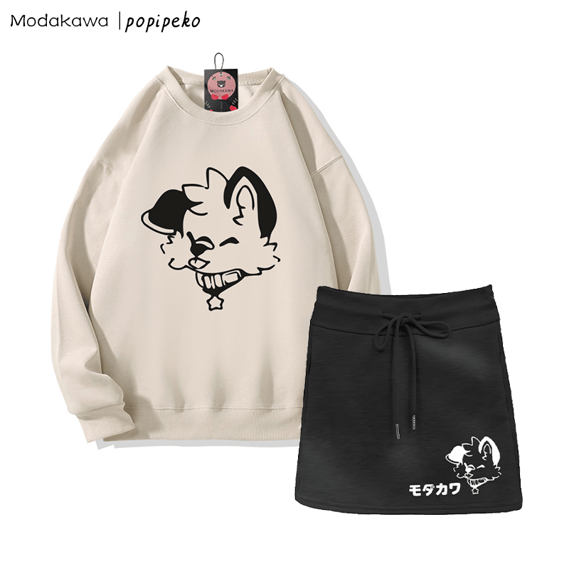 MODAKAWA X popipeko Sweatshirt mit Zungen-Welpen-Motiv und A-Linien-Rock mit Kordelzug, zweiteiliges Set - Light Beige&Black - 2XL - image 1