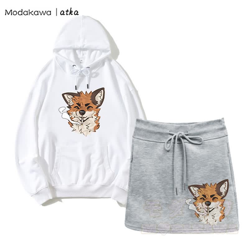 Zweiteiliges Set mit Kapuzenpullover und A-Linien-Rock mit Fox Smoking-Grafik und Kordelzug - Weiß&Grau - 2XL - image 3