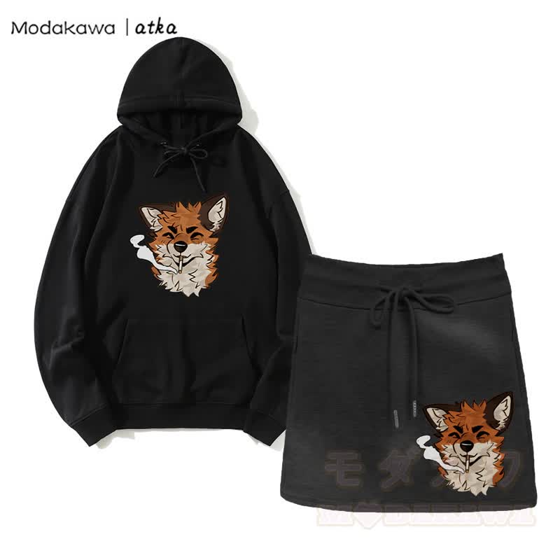 Zweiteiliges Set mit Kapuzenpullover und A-Linien-Rock mit Fox Smoking-Grafik und Kordelzug - Schwarz - 2XL - image 1