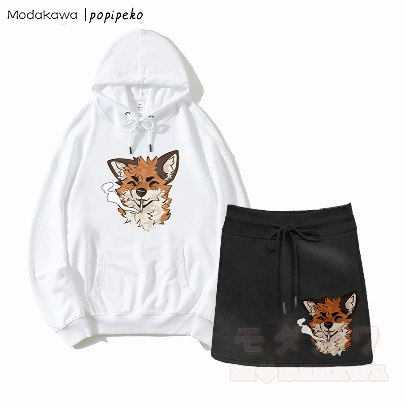 Zweiteiliges Set mit Kapuzenpullover und A-Linien-Rock mit Fox Smoking-Grafik und Kordelzug - Weiß&Schwarz - 2XL - image 4