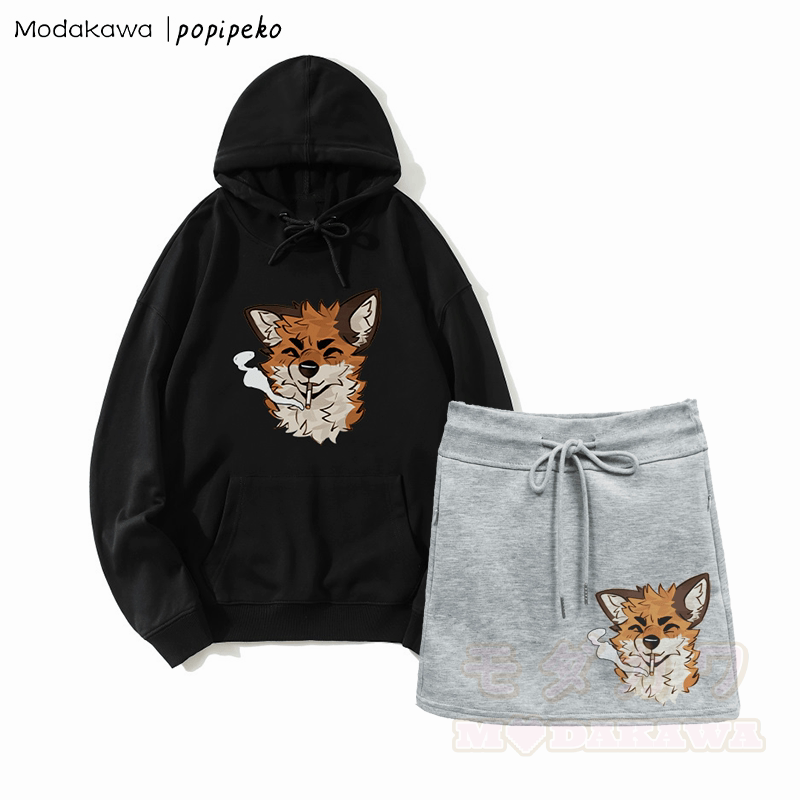 Zweiteiliges Set mit Kapuzenpullover und A-Linien-Rock mit Fox Smoking-Grafik und Kordelzug - Schwarz&Grau - 2XL - image 2