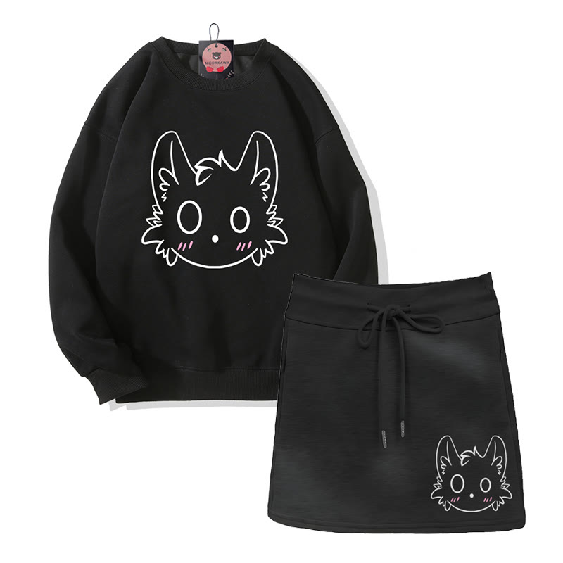 Zweiteiliges Set: Sweatshirt mit kleinem Monster-Motiv, A-Linien-Rock mit Kordelzug und passendem Minirock - Black - 2XL - image 4