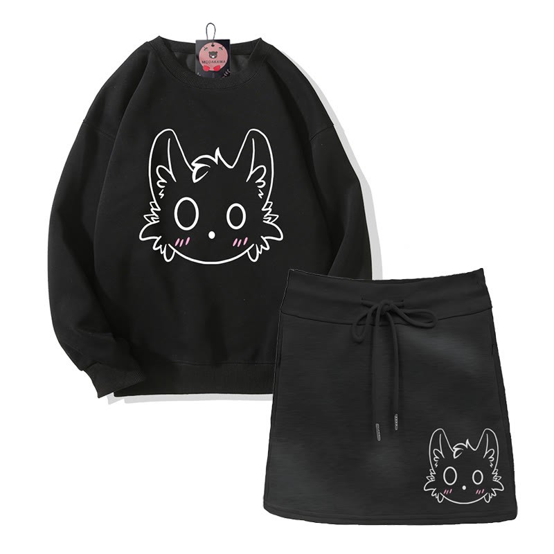 Zweiteiliges Set: Sweatshirt mit kleinem Monster-Motiv, A-Linien-Rock mit Kordelzug und passendem Minirock - Black - 2XL - image 4