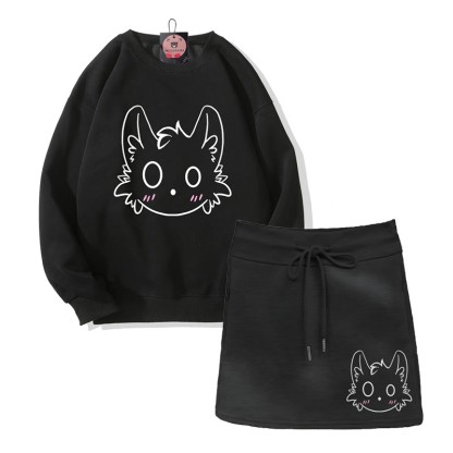 Zweiteiliges Set: Sweatshirt mit kleinem Monster-Motiv, A-Linien-Rock mit Kordelzug und passendem Minirock - Black - 2XL - image 4