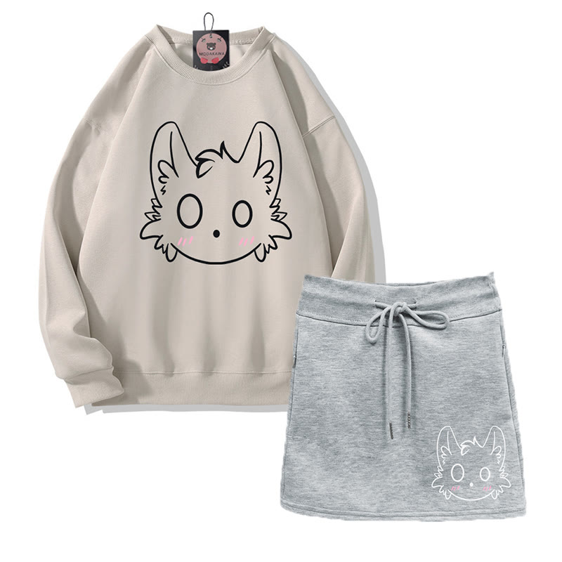 Zweiteiliges Set: Sweatshirt mit kleinem Monster-Motiv, A-Linien-Rock mit Kordelzug und passendem Minirock - Light Beige&Grey - 2XL - image 1