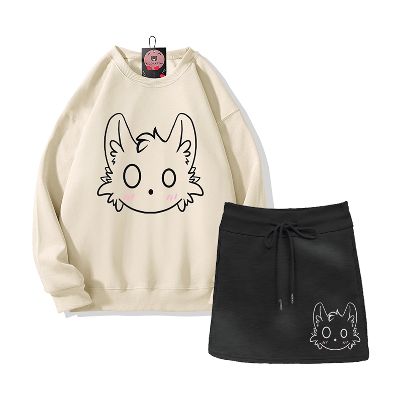 Zweiteiliges Set: Sweatshirt mit kleinem Monster-Motiv, A-Linien-Rock mit Kordelzug und passendem Minirock - Beige&Black - 2XL - image 2