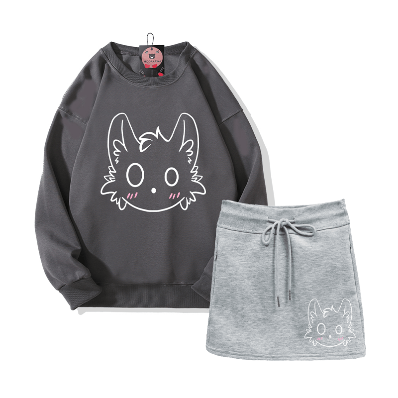 Zweiteiliges Set: Sweatshirt mit kleinem Monster-Motiv, A-Linien-Rock mit Kordelzug und passendem Minirock - Dark Grey&Grey - 2XL - image 3