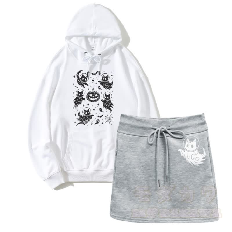 Geisterhafter Katzen-Kürbis-Grafik-Kapuzenpullover mit Kordelzug und A-Linien-Rock, zweiteiliges Set - Weiß&Grau - 2XL - image 2