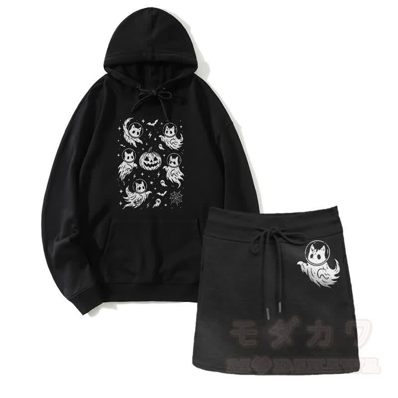 Geisterhafter Katzen-Kürbis-Grafik-Kapuzenpullover mit Kordelzug und A-Linien-Rock, zweiteiliges Set - Schwarz - 2XL - image 1