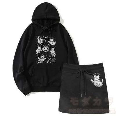 Geisterhafter Katzen-Kürbis-Grafik-Kapuzenpullover mit Kordelzug und A-Linien-Rock, zweiteiliges Set - Schwarz - 2XL - image 1