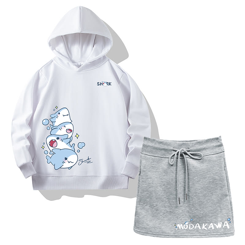 Zweiteiliges Set: Hoodie mit Hai-Motiv, Seitentaschen und A-Linien-Rock mit Kordelzug - White&Grey - 2XL - image 1