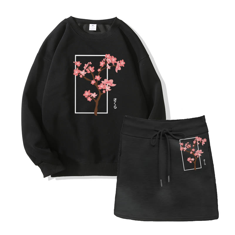 Zweiteiliges Set: Sweatshirt mit Kirschbaum-Motiv, A-Linien-Rock mit Kordelzug und passendem Sweatshirt mit Kirschbaum - Black - 2XL - image 2